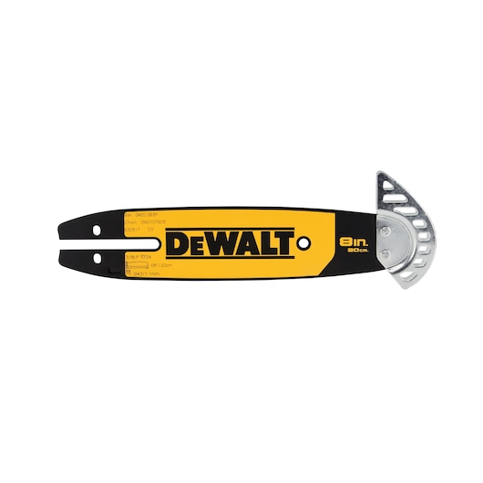 DEWALT DT20694 8-inch (20 cm) yellow and black chainsaw guide bar with metal sprocket tip, designed for power tools.