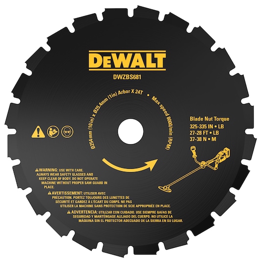 A DEWALT branded circular saw blade, model DWZBS681, featuring 24 teeth and a diameter of 254 mm (10 inches) with a 25.4 mm (1 inch) arbor. The blade is black with yellow text and icons, displaying safety warnings, maximum speed of 8000 RPM, and blade nut torque specifications. Suitable for use with power tools and emphasizes wearing safety glasses and using the proper saw guard.