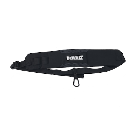 A black DEWALT branded padded shoulder strap with a clip attachment, designed for carrying equipment or tools.