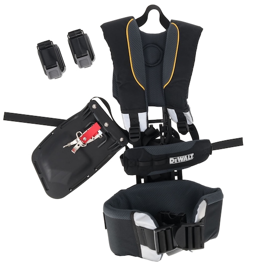 DEWALT DT20699 camera harness kit with padded straps, belt, holders, and camera mount.