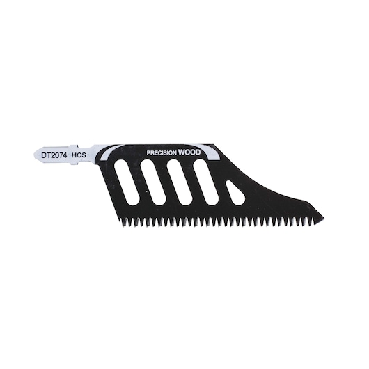 DEWALT DT2074 precision wood saw blade for cutting, with angled teeth and slots, photographed on white.