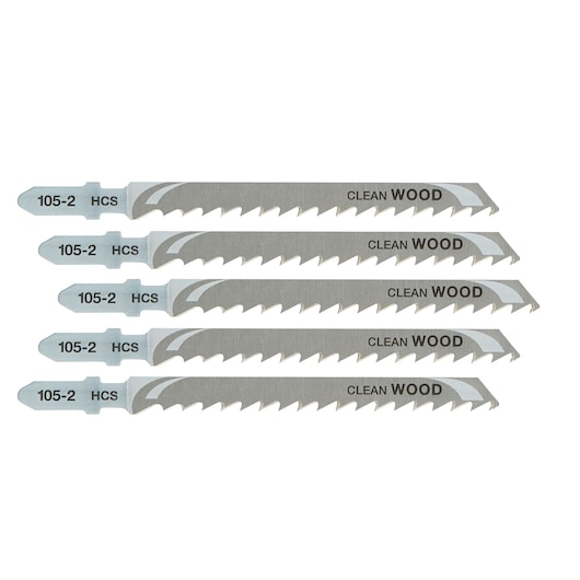 Five DEWALT jigsaw blades for clean wood cutting, marked with 105-2 HCS and CLEAN WOOD.