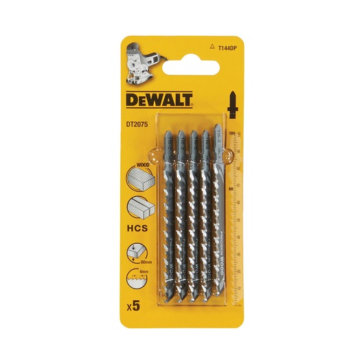 DEWALT DT2075 pack of 5 jigsaw blades for wood, shown in yellow packaging.