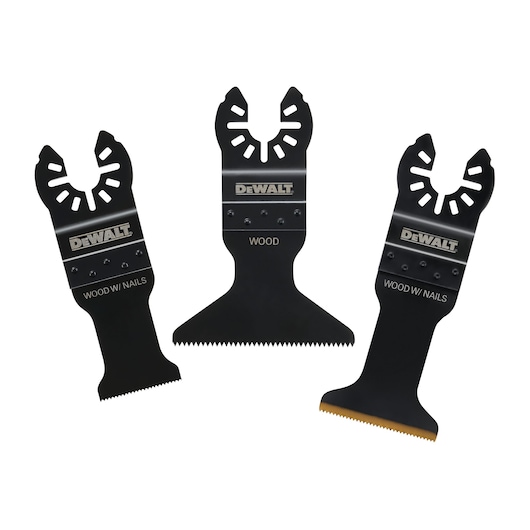 Three DEWALT multitool saw blades, designed for cutting wood and wood with nails, are shown standing upright against a white background. Each blade features the DEWALT logo and its intended use printed on the metal.