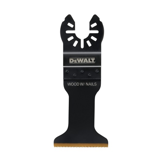 A DEWALT DT20760 oscillating multi-tool blade designed for cutting wood with nails. The blade features a black metal body, gold-colored teeth at the bottom, and holds branding and usage information in white text.