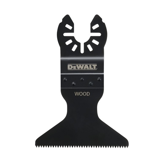 A DEWALT branded multi-tool wood cutting blade, black in color, with sharp teeth on the lower edge, designed specifically for wood materials.