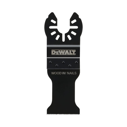 DEWALT DT20760 oscillating multi-tool blade for cutting wood with nails, black and silver, with DEWALT logo and text 'WOOD W/ NAILS' visible.