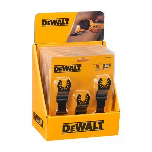 Display box containing DEWALT DT20760 oscillating multi-tool blade sets in yellow retail packaging. Three black blades are visible on the front card, and the DEWALT logo is prominently shown.