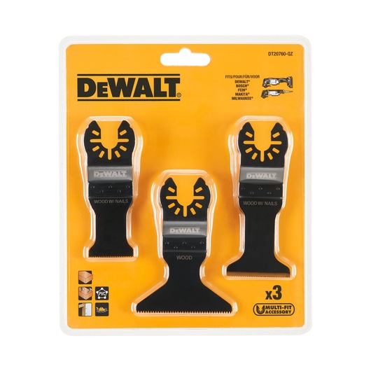 Pack of three DEWALT multi-fit oscillating tool blades for wood and wood with nails, presented in a yellow blister packaging.