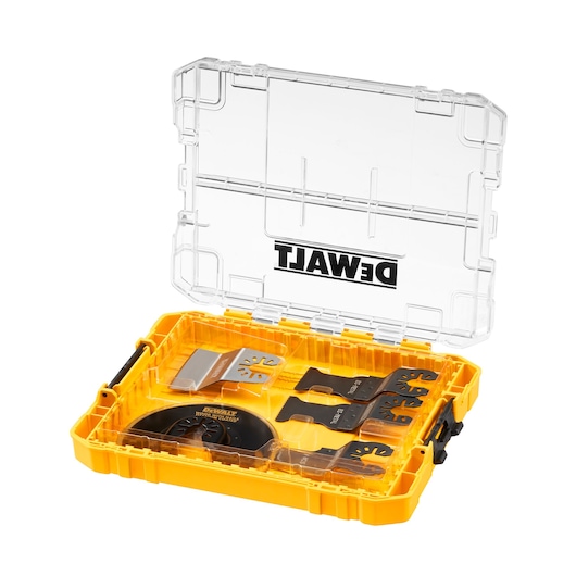 DEWALT accessory set for oscillating multi-tools, including various blades and attachments, displayed in an open yellow plastic case with a transparent lid.