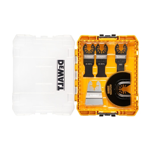 Dewalt DT20761 oscillating multi-tool accessory set in a yellow and transparent plastic case, containing several cutting and sanding blades with Dewalt branding, neatly organized in individual slots.