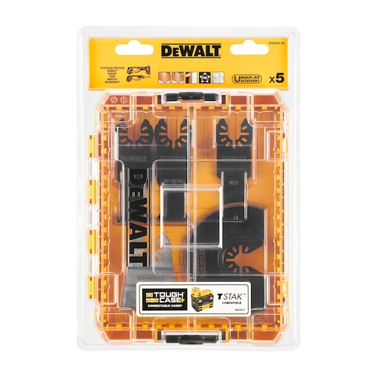 DEWALT DT20761 Tough Case+ set containing five multi-fit accessory blades for oscillating tools, packaged in a transparent plastic case with yellow and black branding.