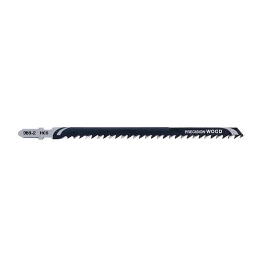 A DEWALT precision wood jigsaw blade with sharp teeth and black body, model number 986-2 HCS, designed for cutting wood.