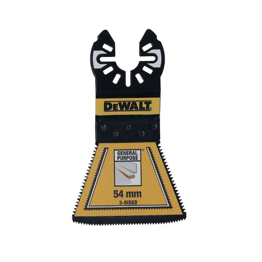 DEWALT 54mm 3-sided general purpose oscillating tool blade for cutting tasks, yellow and black.