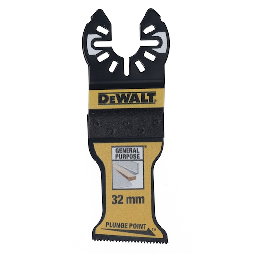 DEWALT 32mm plunge point saw blade for general purpose cutting, black and yellow with labeled packaging.