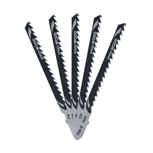 Five DEWALT jigsaw blades for wood, black and silver, arranged in a fan shape.