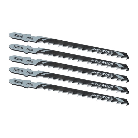 Five DEWALT DT2077 jigsaw blades for wood cutting, labeled Speed Wood and 705-0 HCS.