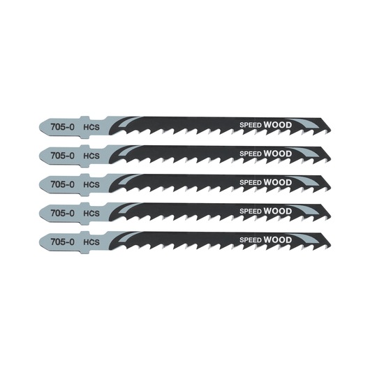 Five DEWALT jigsaw blades for wood cutting, labeled Speed Wood 705-0 HCS, arranged in a row.