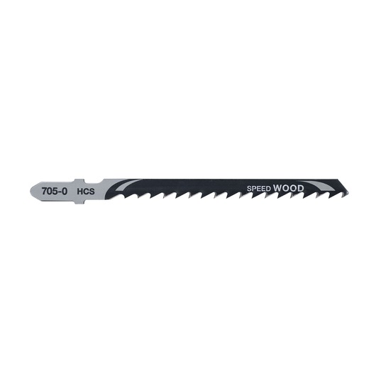 DEWALT DT2077 jigsaw blade for wood, HCS material, with sharp teeth and labeled 'SPEED WOOD' and '705-0'.