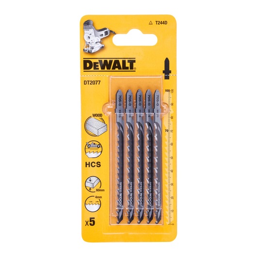 DEWALT DT2077 pack of five HCS jigsaw blades for wood, shown in yellow packaging with product details.