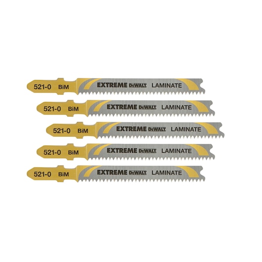 Five DEWALT DT2080 laminate saw blades arranged in a row, yellow and silver with teeth for cutting.