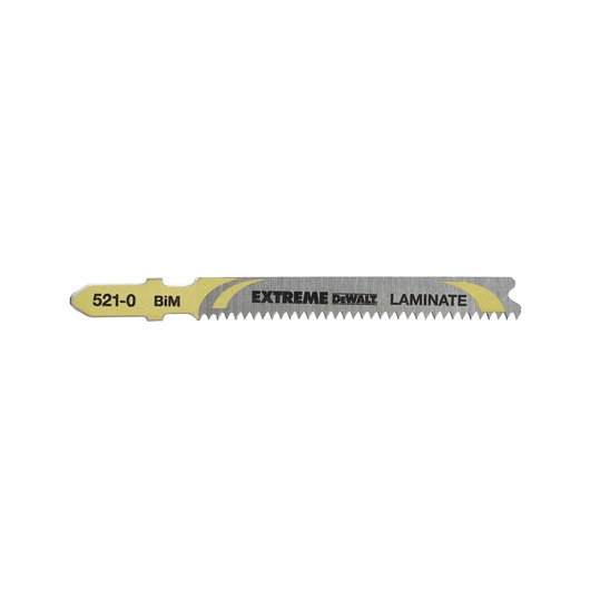 DEWALT DT2080 jigsaw blade for laminate, with yellow label and fine teeth.