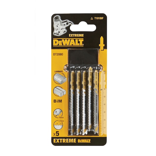DEWALT DT2080 pack of 5 jigsaw blades for laminate cutting, BiM type, shown in yellow and black packaging.