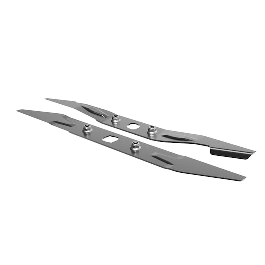 Two metal mower blades with mounting holes and bolts, shown on a white background.