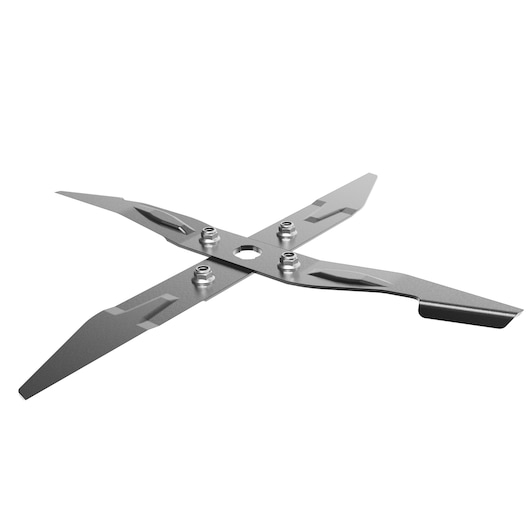 Metal cross-shaped replacement blade with bolts, used for garden tools, isolated on white background.