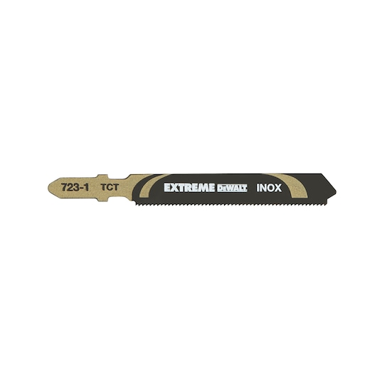 DEWALT DT2101 jigsaw blade with gold and black finish, labeled EXTREME INOX, for cutting metal.