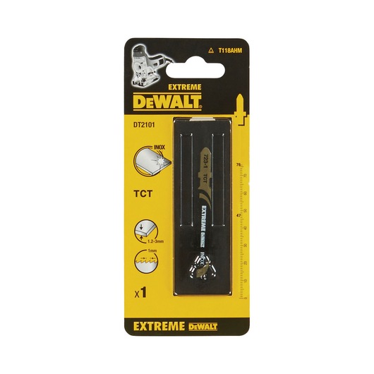 A packaged DEWALT DT2101 Extreme TCT jigsaw blade for cutting stainless steel. The packaging is yellow and black and displays information about blade thickness and usage.