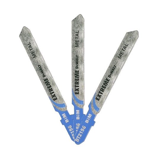 Three DEWALT DT2156 metal cutting jigsaw blades with blue bases and fine teeth are displayed in a fan shape.