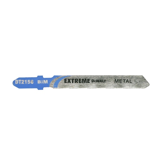 DEWALT DT2156 metal jigsaw blade with EXTREME branding, silver blade with blue base, close-up view.