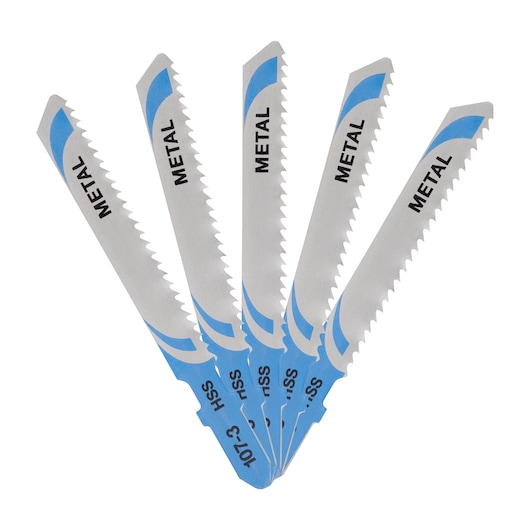 Five DEWALT metal cutting jigsaw blades with blue tips fanned out on a white background.