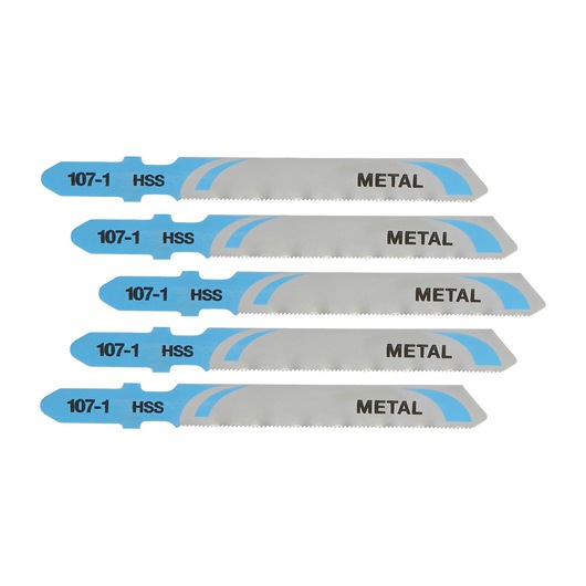 Five DEWALT DT2162 metal cutting jigsaw blades are shown, each labeled with '107-1 HSS' and 'METAL' in black text. The blades are silver with blue detailing and are arranged side by side.