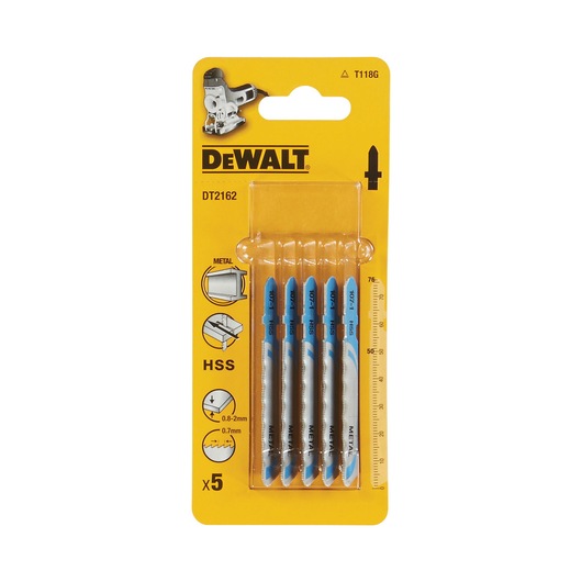 Pack of five DEWALT DT2162 high speed steel jigsaw blades for cutting metal, displayed in yellow packaging with product information and icons showing compatibility and specifications.