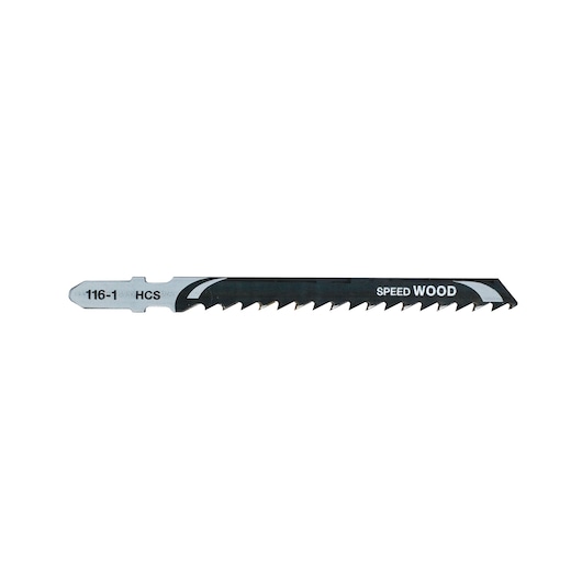 A single DEWALT DT2166 jigsaw blade for cutting wood, shown on a white background. The blade has sharp, angled teeth and is marked with '116-1 HCS' and 'Speed Wood'.