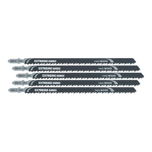 Set of five DEWALT jigsaw blades for thick wood, black with teeth, labeled Extreme and HCS 526-0.