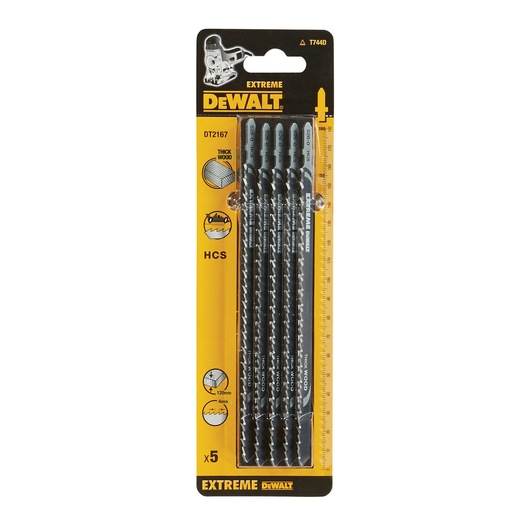 Pack of five DEWALT Extreme jigsaw blades, model DT2167, designed for cutting thick wood. The blades are black and displayed in clear packaging with yellow and black DEWALT branding.
