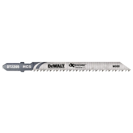 DEWALT DT2205 jigsaw blade for wood, with sharp teeth and labeled for precision cutting.