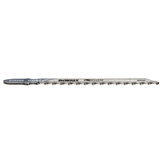 DEWALT DT2205 jigsaw blade for wood, silver finish, sharp teeth, straight design, tool accessory.