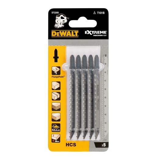 DEWALT DT2205 pack of 5 jigsaw blades for wood, displayed in a plastic blister with product features visible.