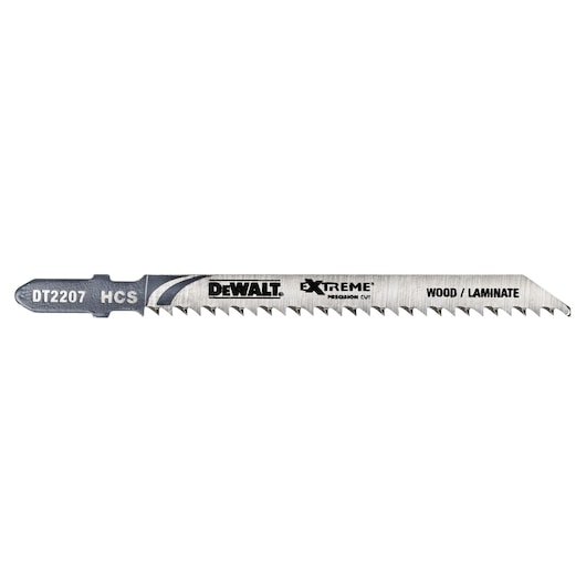 DEWALT DT2207 jigsaw blade for precision cutting wood and laminate. Silver color with sharp teeth.