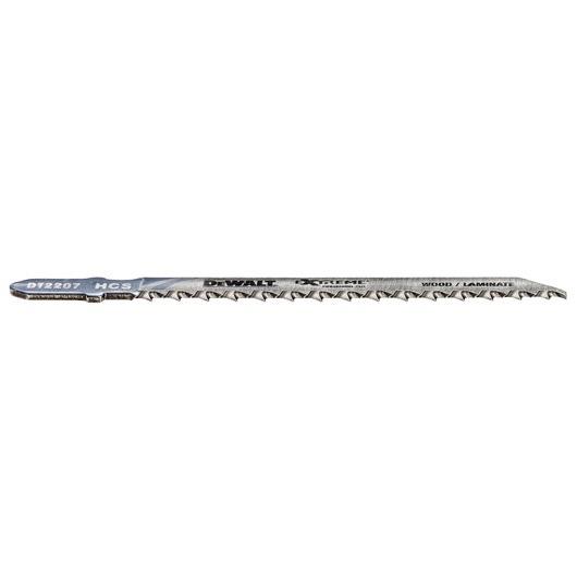 DEWALT DT2207 metal jigsaw blade for wood and laminate, shown isolated with sharp teeth and product markings.