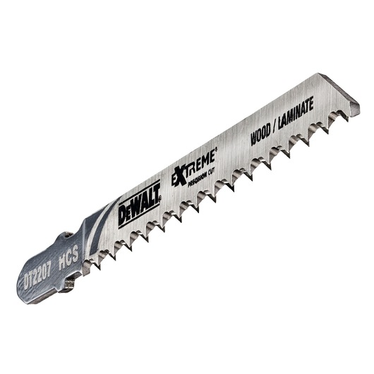 DEWALT DT2207 jigsaw blade for wood and laminate, silver with sharp teeth and branding visible.