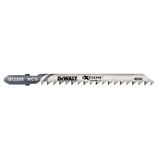 DEWALT DT2209 jigsaw blade for wood, with sharp teeth and product branding visible on the blade.