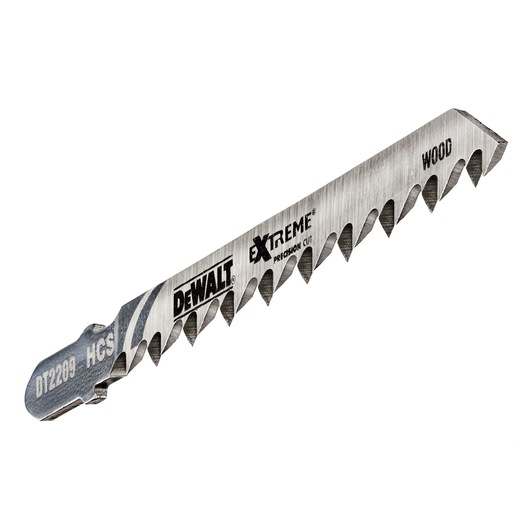 DEWALT DT2209 HCS jigsaw blade for wood, extreme precision cut, sharp teeth, silver color.