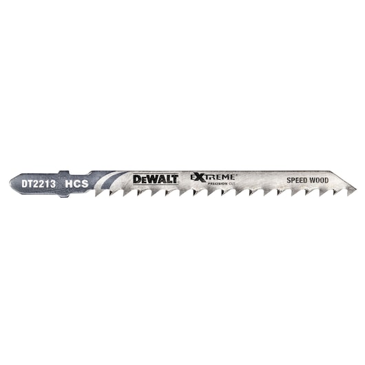 A DEWALT DT2213 HCS Extreme Precision Cut saw blade with serrated edges for cutting wood. The blade is silver with product information printed on its surface.