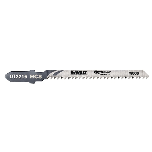DEWALT DT2216 jigsaw blade for wood cutting, silver with labeled markings, sharp teeth.