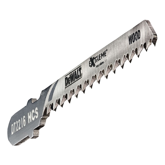 Close-up of a DEWALT DT2216 HCS jigsaw blade designed for precision wood cutting, labeled with 'EXTREME' and 'WOOD' on the blade.